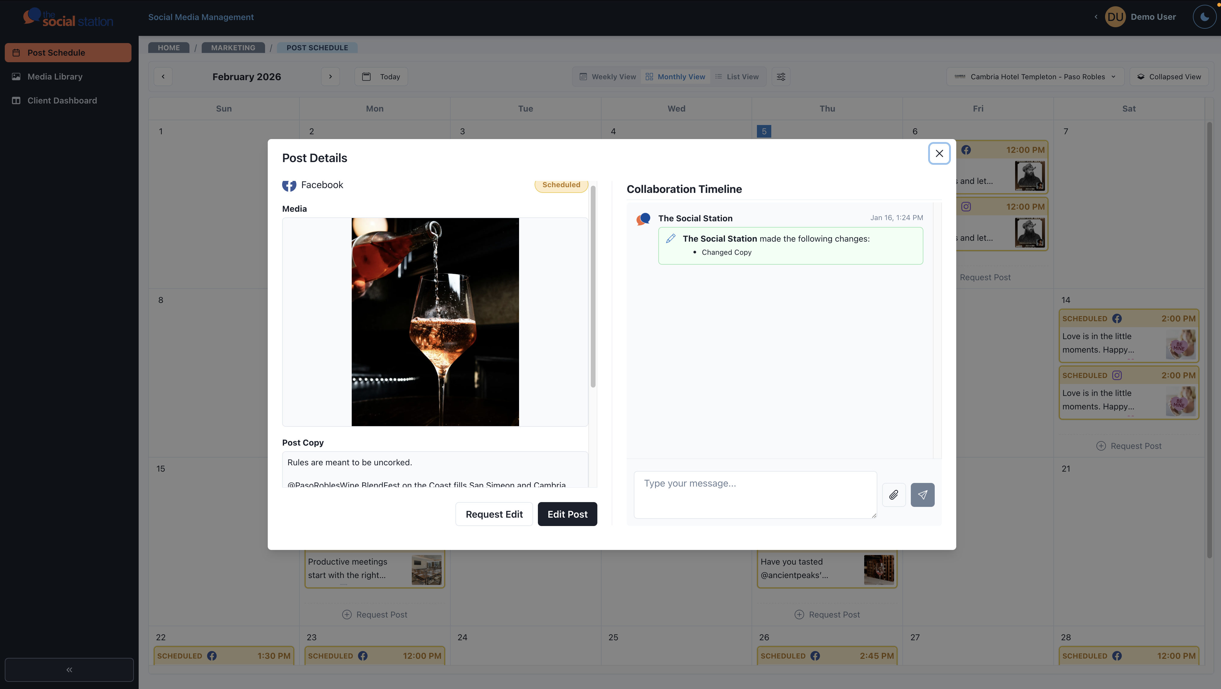 Post details view showing content editing, media preview, and collaboration timeline