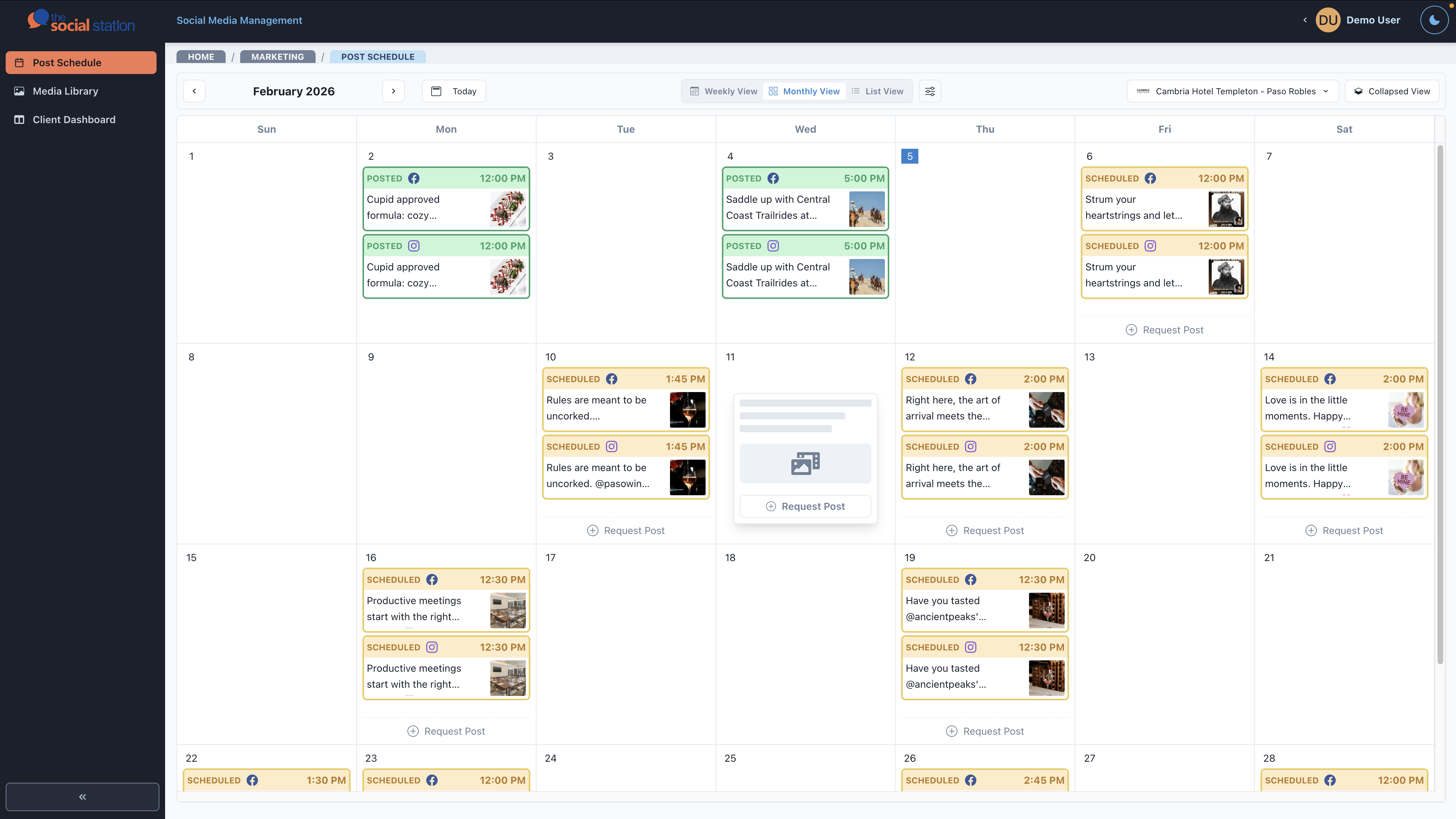 Social Media Management Dashboard showing a monthly content calendar with scheduled posts across Facebook and Instagram